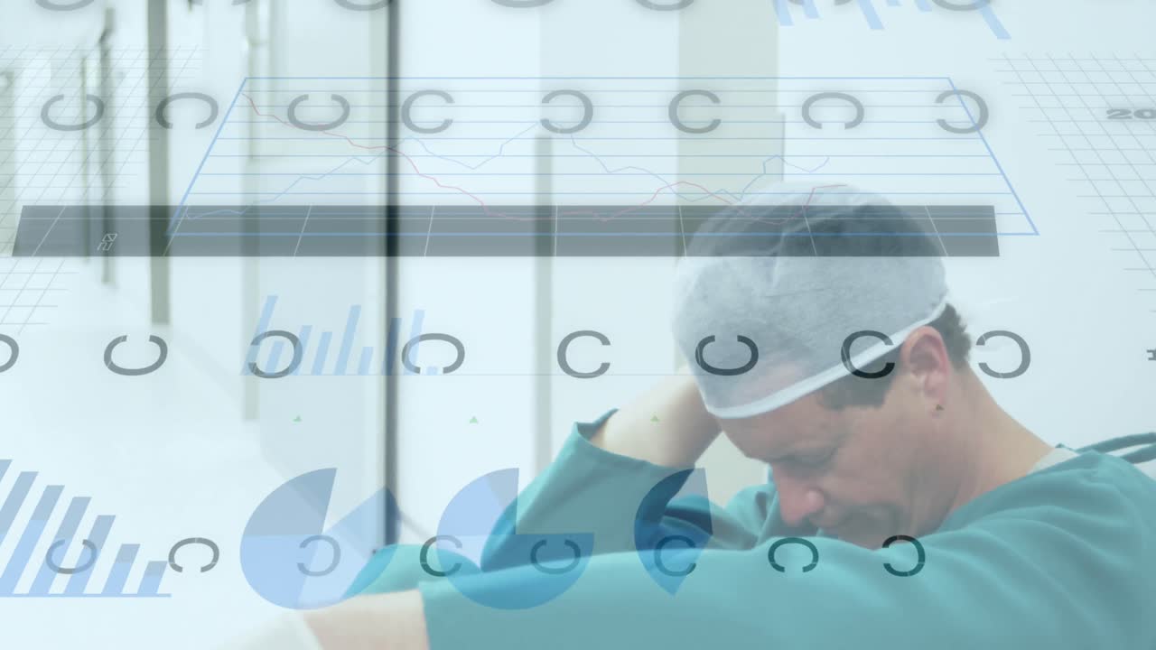 병원 복도에 앉아 있는 스트레스를 받은 두 인종의 남성 외과의사에 대한 데이터 처리 애니메이션