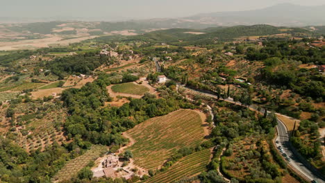 Panoramablick-Auf-Die-Grüne-Landschaft-Mit-Weinbergen-Und-Olivenhainen-In-Der-Toskana,-Italien