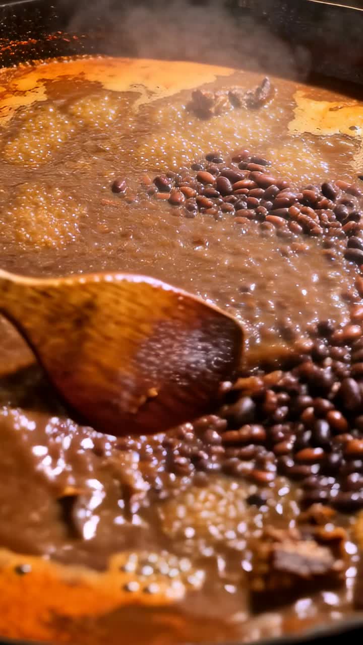 Mexendo feijão e carne substanciosos em uma panela grande fervente