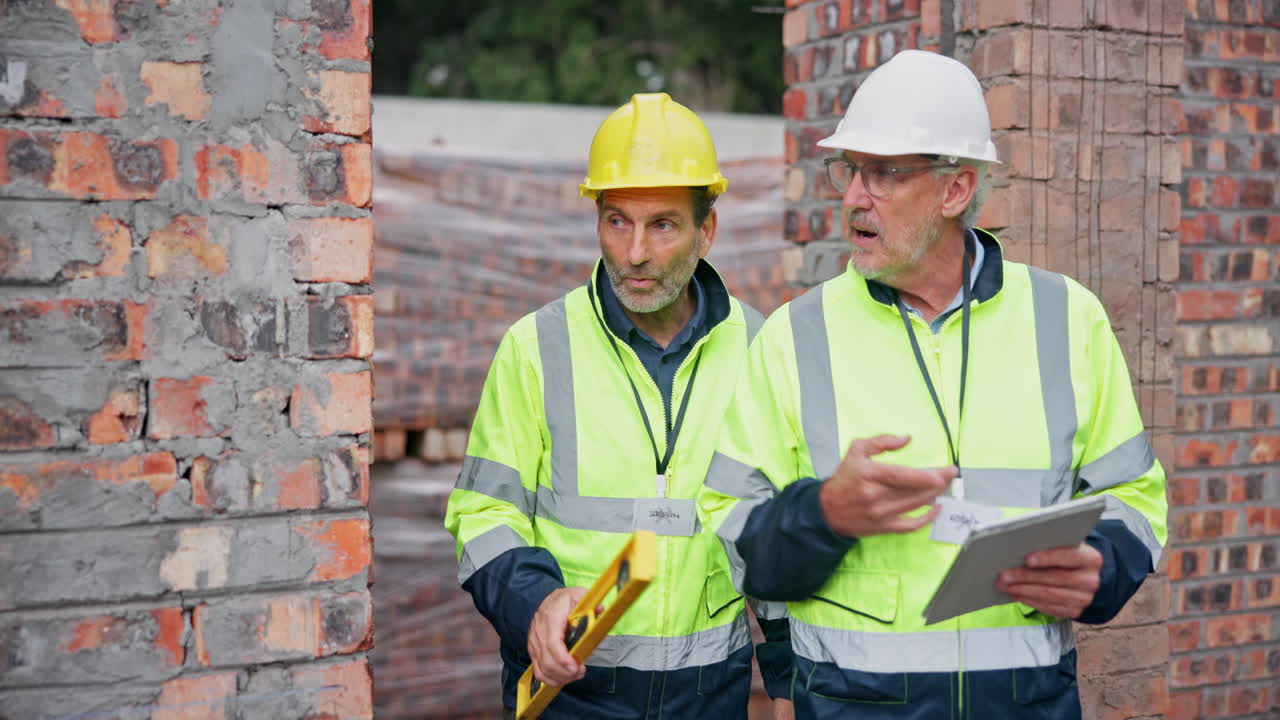 Construction workers inspecting brick wall on construction site