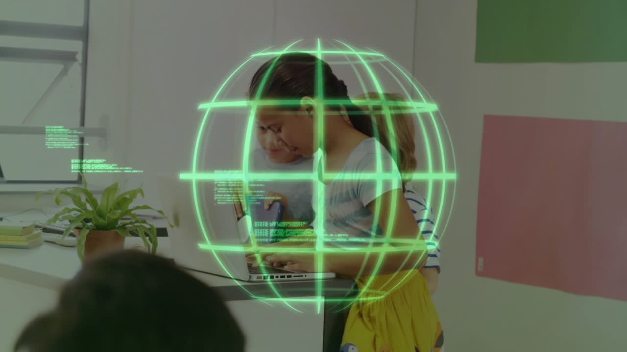 Students leaning on laptop keyboard initiating green grid forming code globe for coding lesson