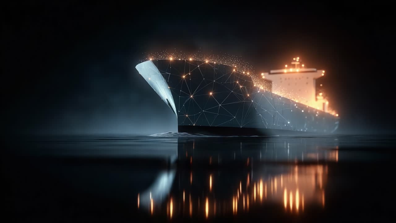 A Majestic Digital Vessel Illuminates the Waters: A Glowing Representation of Maritime Innovation Captivating Audiences with Its Futuristic Aesthetic and Stunning Reflections