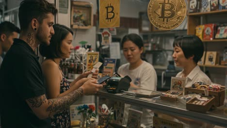People making a mobile payment at a store counter with prominent Bitcoin symbols