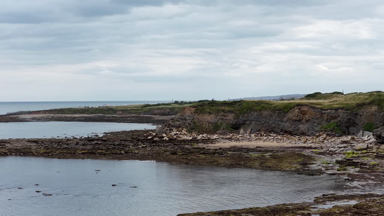 Camera slowly pans along a rugged coastal shoreline with rocky terrain, tidal pools, and distant cliffs under overcast daylight, creating a tranquil, natural atmosphere