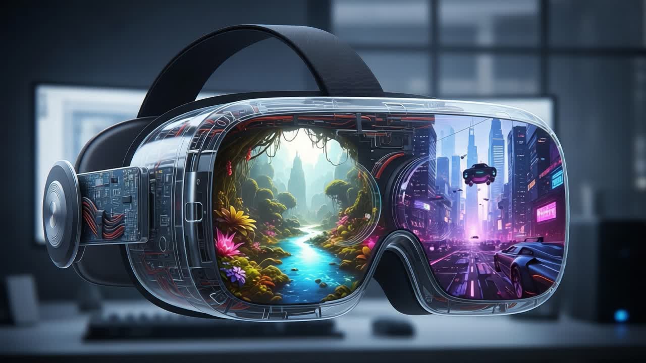 A mesmerizing glimpse into a futuristic world through augmented reality goggles, revealing a vibrant landscape and a neon-lit city scene, blending nature and technology seamlessly