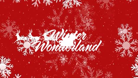 Animation-of-snow-falling-over-santa-claus-in-sleigh-and-winter-wonderland-text-on-red-backrgound
