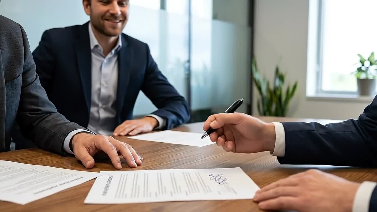 Hombre de negocios firmando un contrato comercial en una mesa de oficina