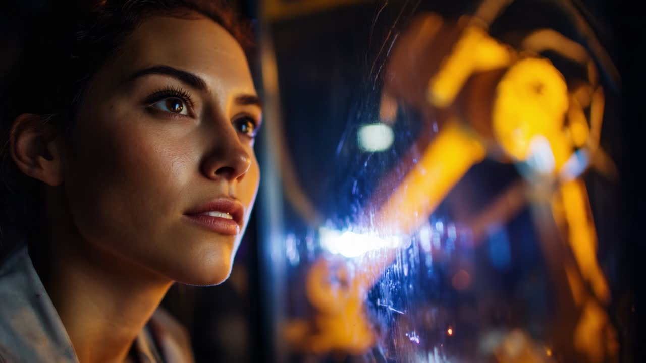 A moment of reflection and curiosity as a woman gazes intently at an automated robotic arm illuminated in a captivating display of lights, pondering the fusion of technology and humanity