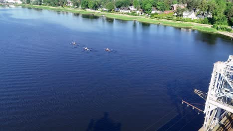 Kayakers-On-Lielupe-River-Near-Lielupe-Railway-Bridge-In-Jurmala,-Latvia