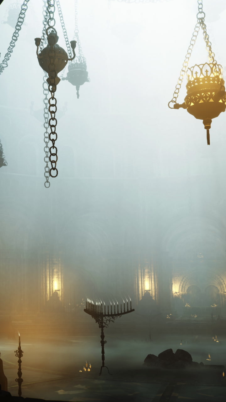Mysterious interior space with hanging lights and fog effects during evening