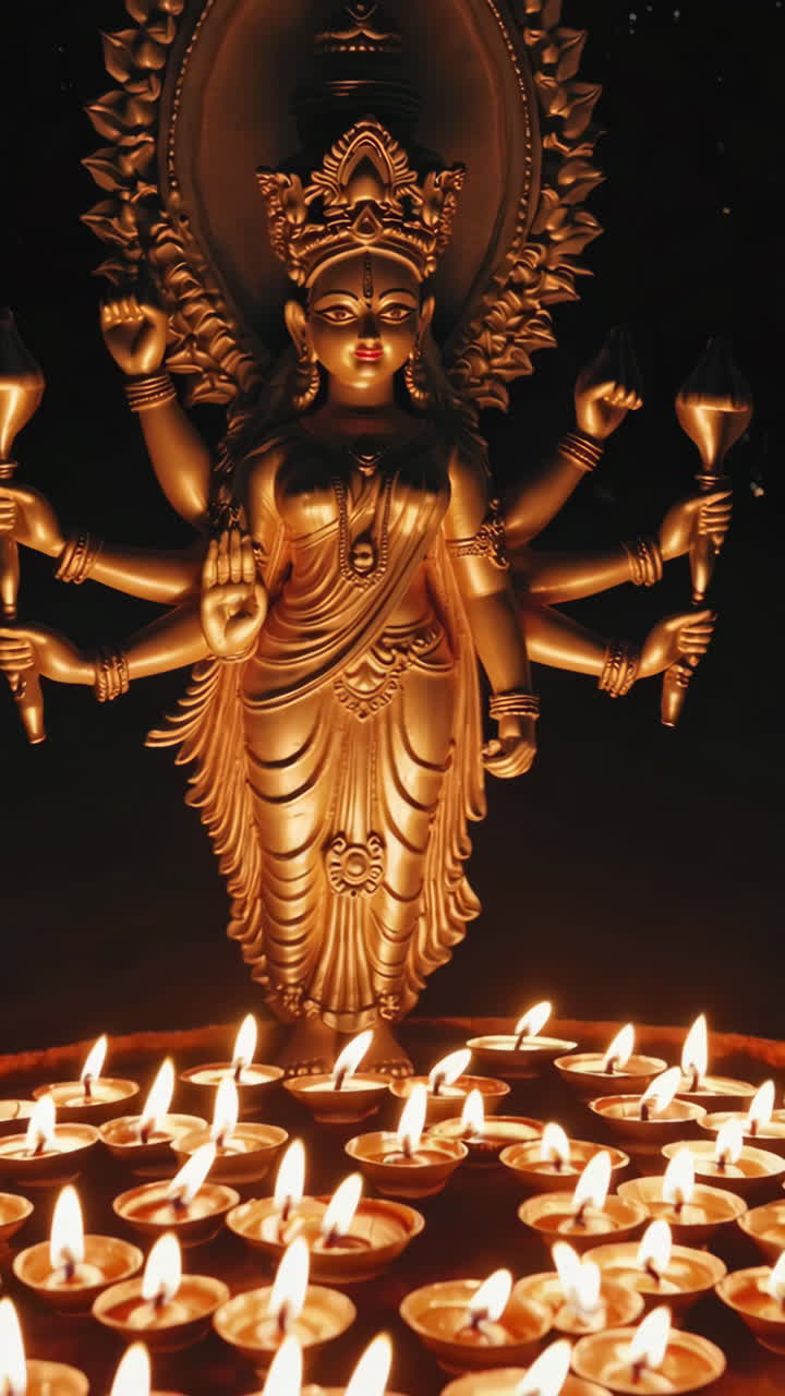 Golden Goddess Durga Statue with Diyas