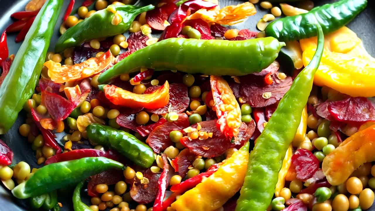 다양한 종류의 고추와 완두콩으로 가득 찬 팬