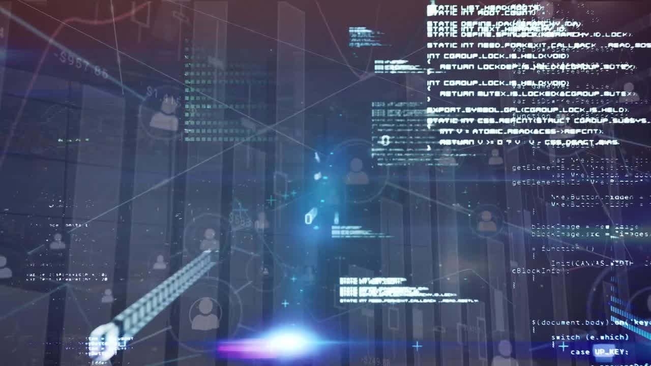 Animation of diverse data and graphs over connections on dark background