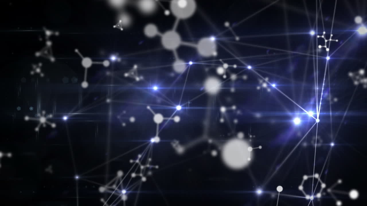 animación de moléculas y red de conexiones sobre fondo negro