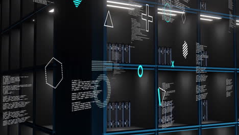 animation of rotating shapes and text data files processing over dark computer servers