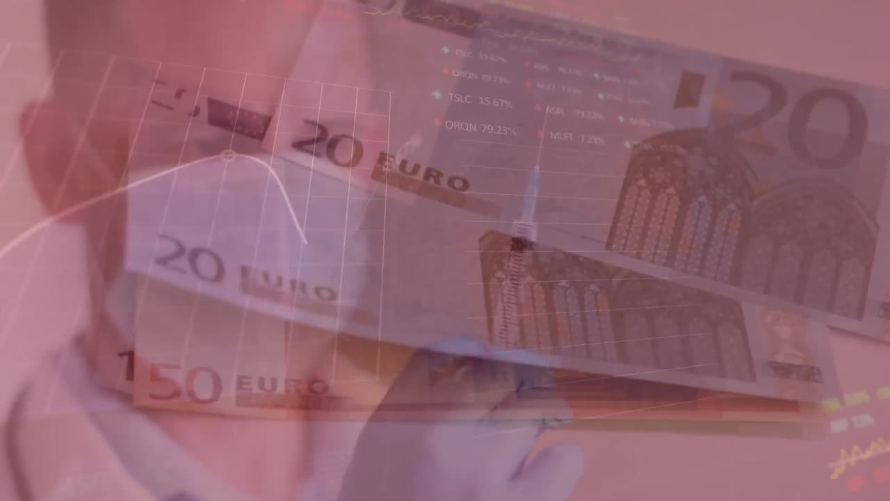 animación de datos financieros sobre la moneda euro y un médico masculino con máscara preparando la vacunación