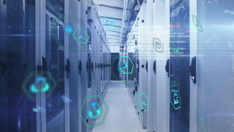 animation of eco icons and digital data processing over computer servers