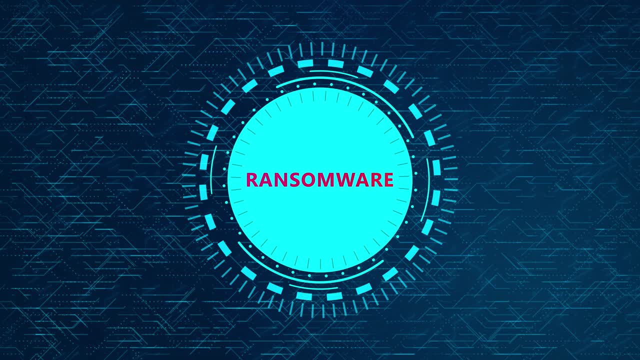 Futuristic Ransomware Concept with Rotating HUD Elements and Circuitry Design