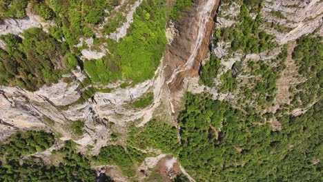 Top-down aerial of Seerenbach Falls cascading down limestone cliffs into a lush alpine valley, surrounded by dense Swiss forest and dramatic rock formations