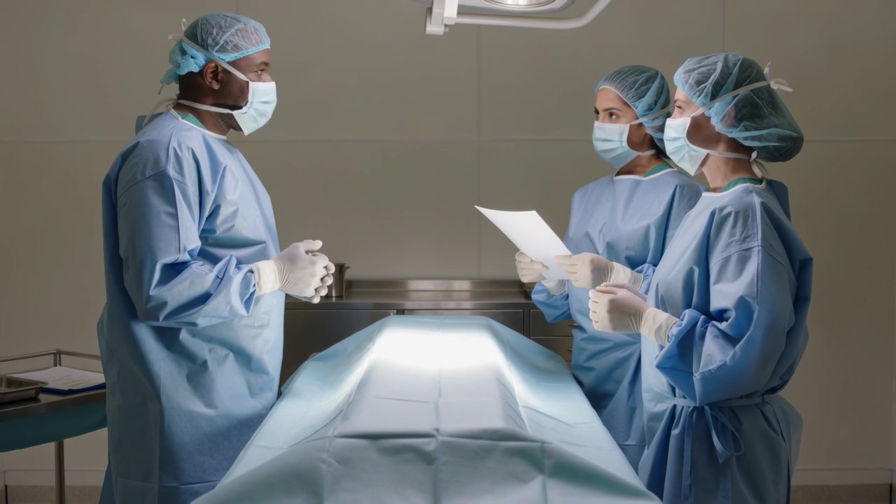 Clínico en un centro, sosteniendo un historial e iniciando un chequeo preoperatorio en una mesa bajo una luz, con batas azules.