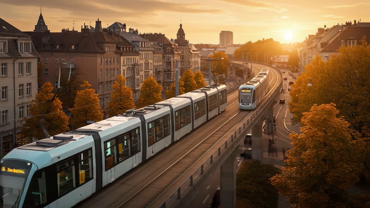 Sunset Serenity: Elevated Tram Journey Through Autumnal Streets Capturing the Beauty of Urban Life and Traversing Scenic Cityscapes