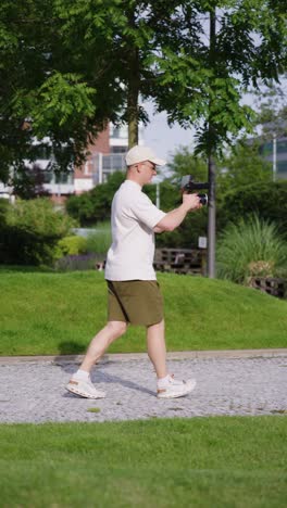 vertical shot of filmmaker slowly walk with camera in hands, czechia