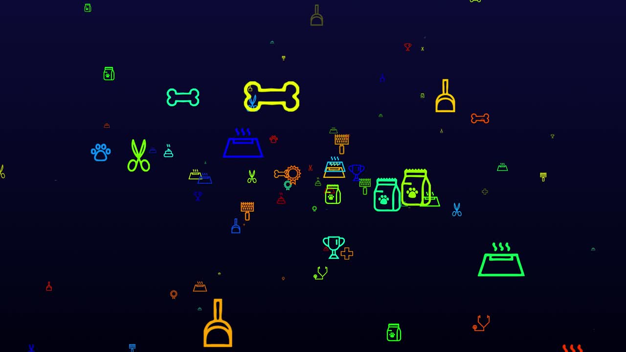 National Pets Day. neon icons background. seamless pattern. loop animation. small, multicolored icons, illustrations or logos appear, fly slowly on black backdrop