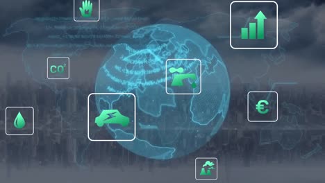 animación de iconos ecológicos y procesamiento de datos en todo el mundo