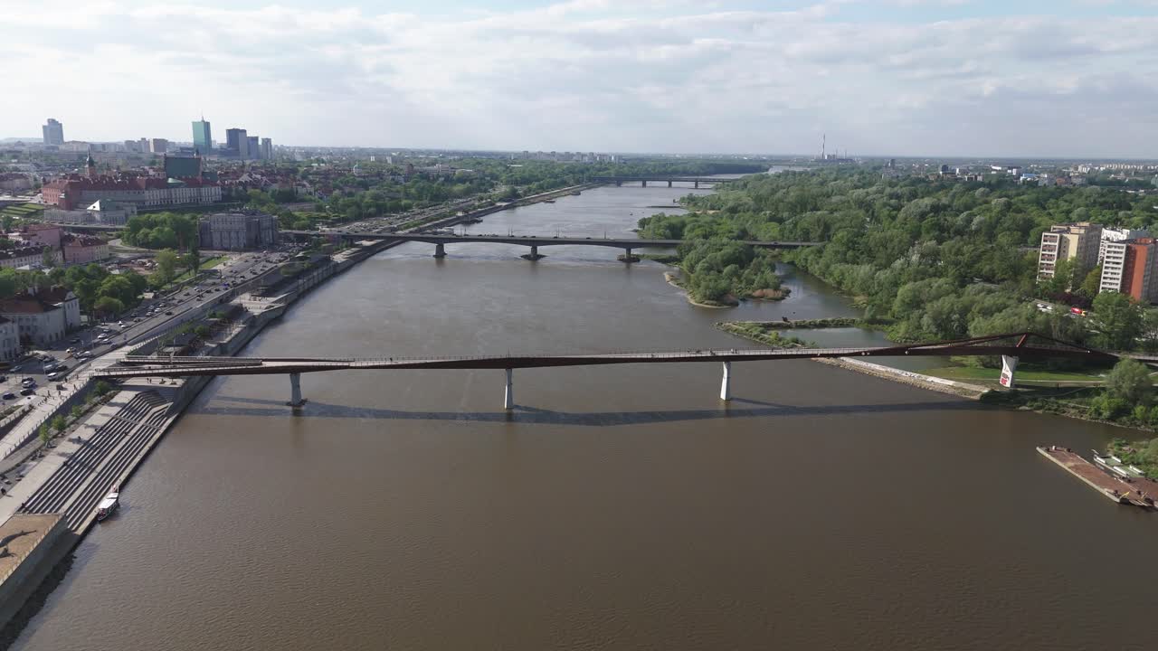 Fly sideways out over Vistula River in Warsaw, Poland