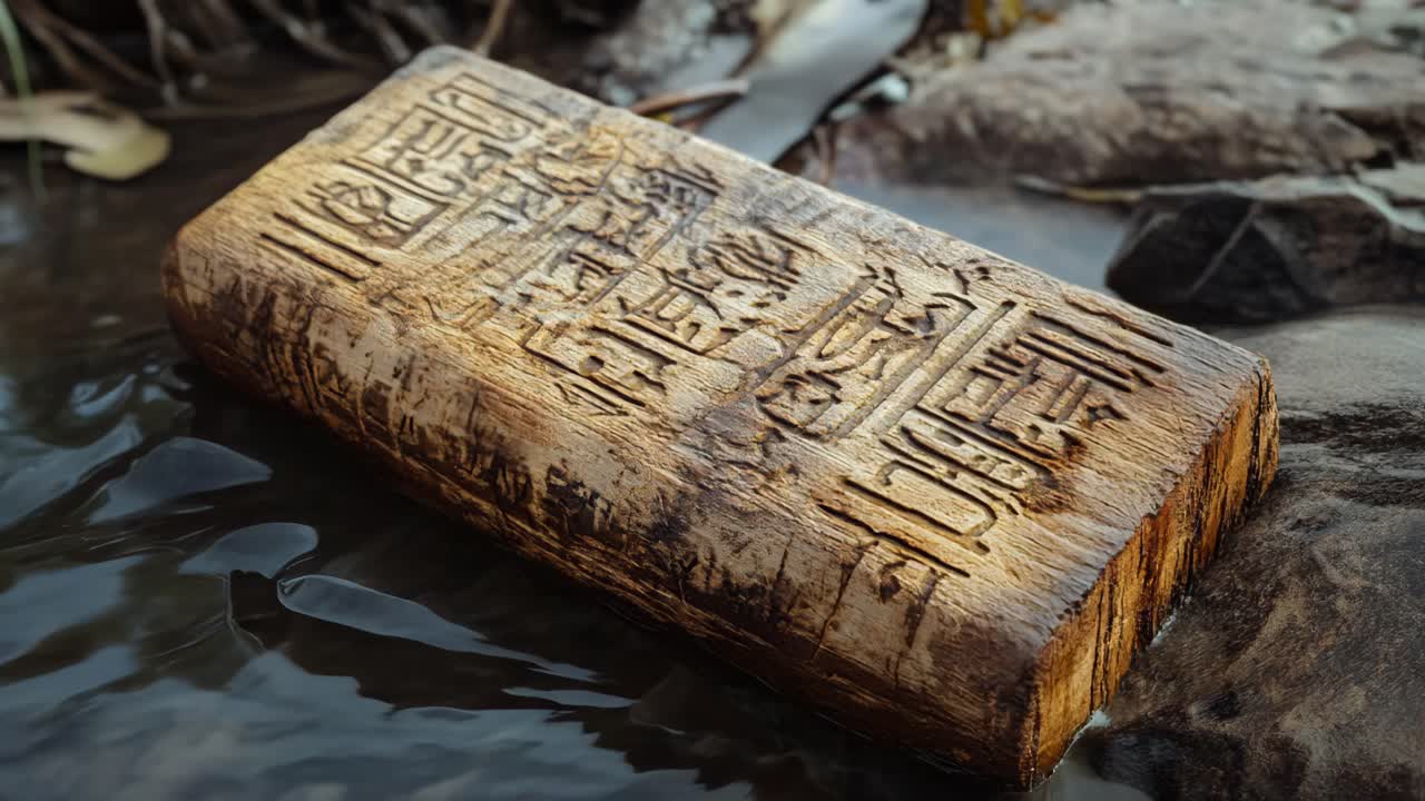 Carved Wooden Tablet in a Stream
