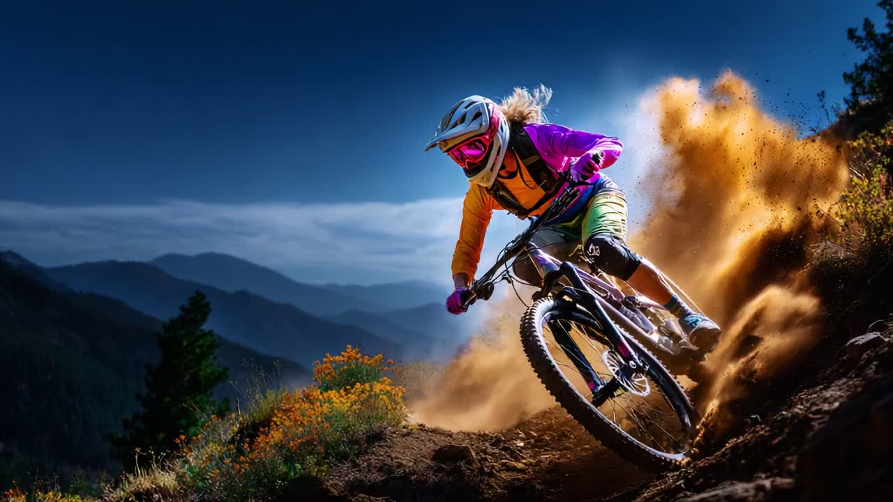 An Adventurous Mountain Biker Navigating a Dusty Trail Under a Stunning Blue Sky, Showcasing the Thrill of Outdoor Sports in a Scenic Landscape