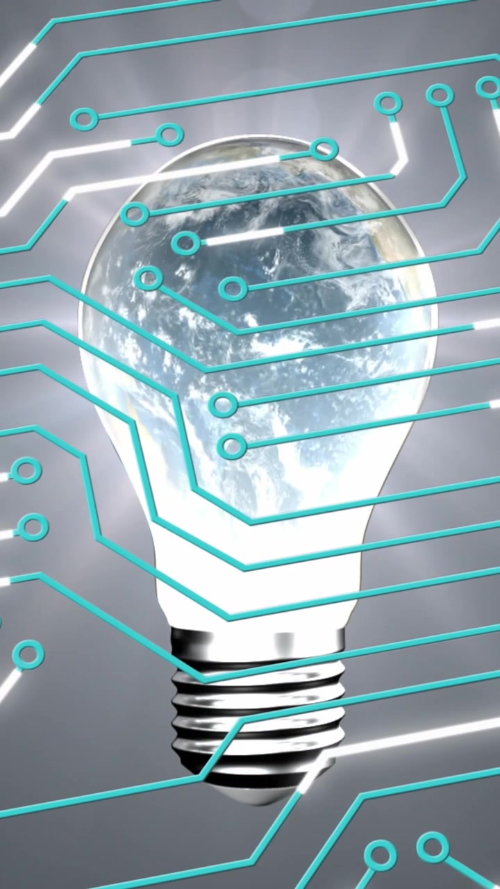 Animation of circuit board pattern and globe in illuminated light bulb against abstract background