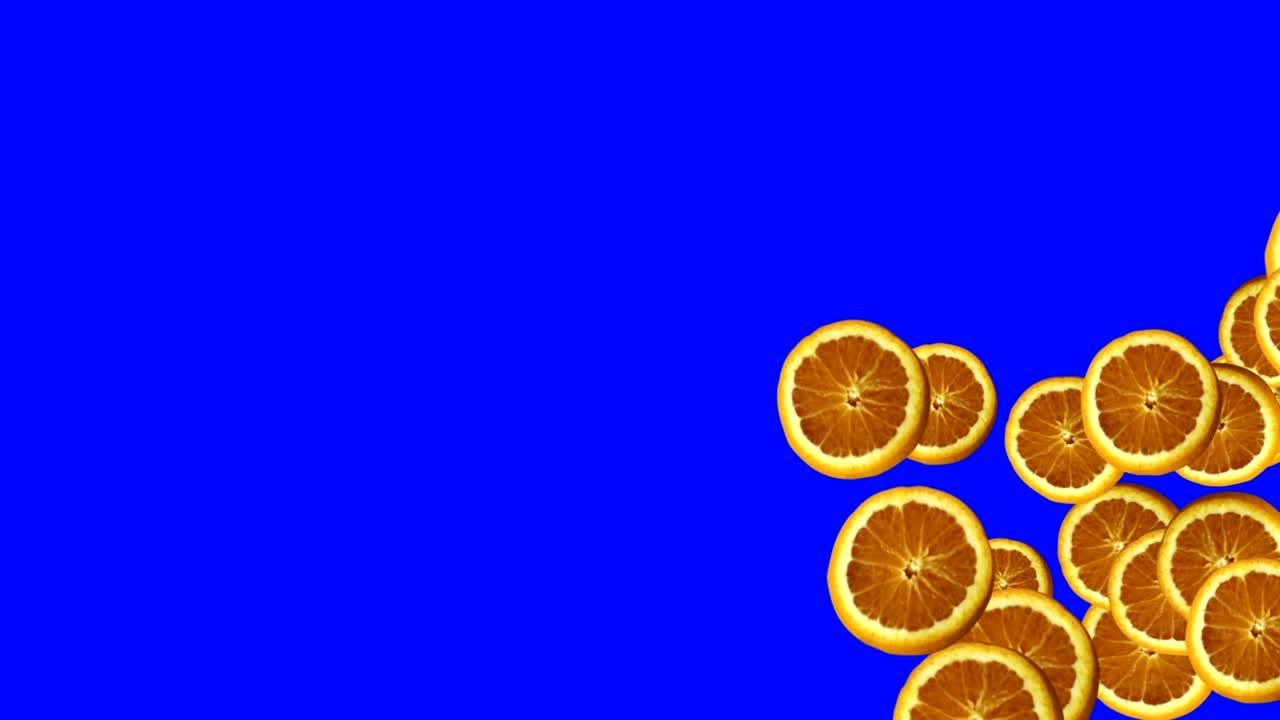animación de transición de rebanadas de frutas de naranja en pantalla azul tecla de croma