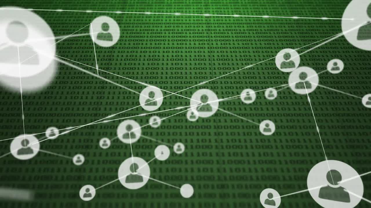 animación de la red de iconos de perfil y procesamiento de datos de codificación binaria contra un fondo verde.