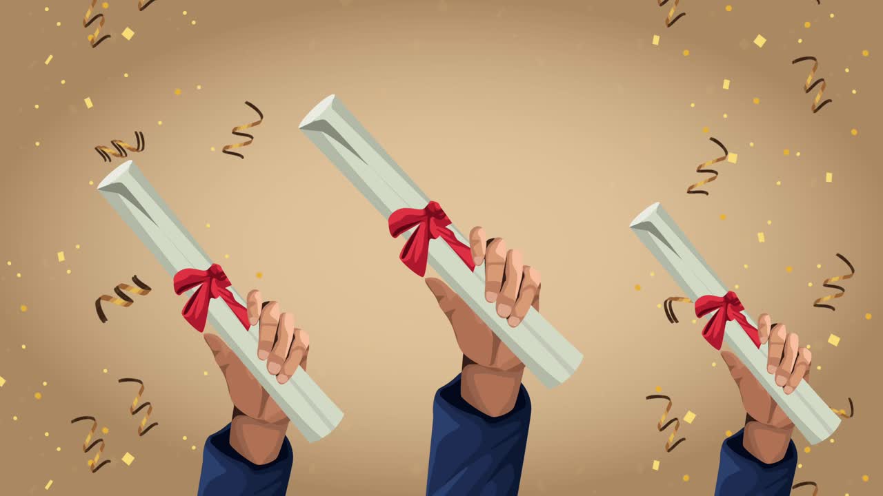 celebración de la graduación animación con manos y diplomas