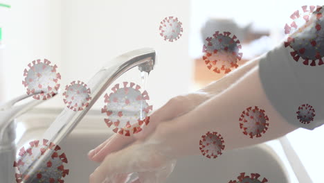 coronavirus cells spreading over hands being washed.