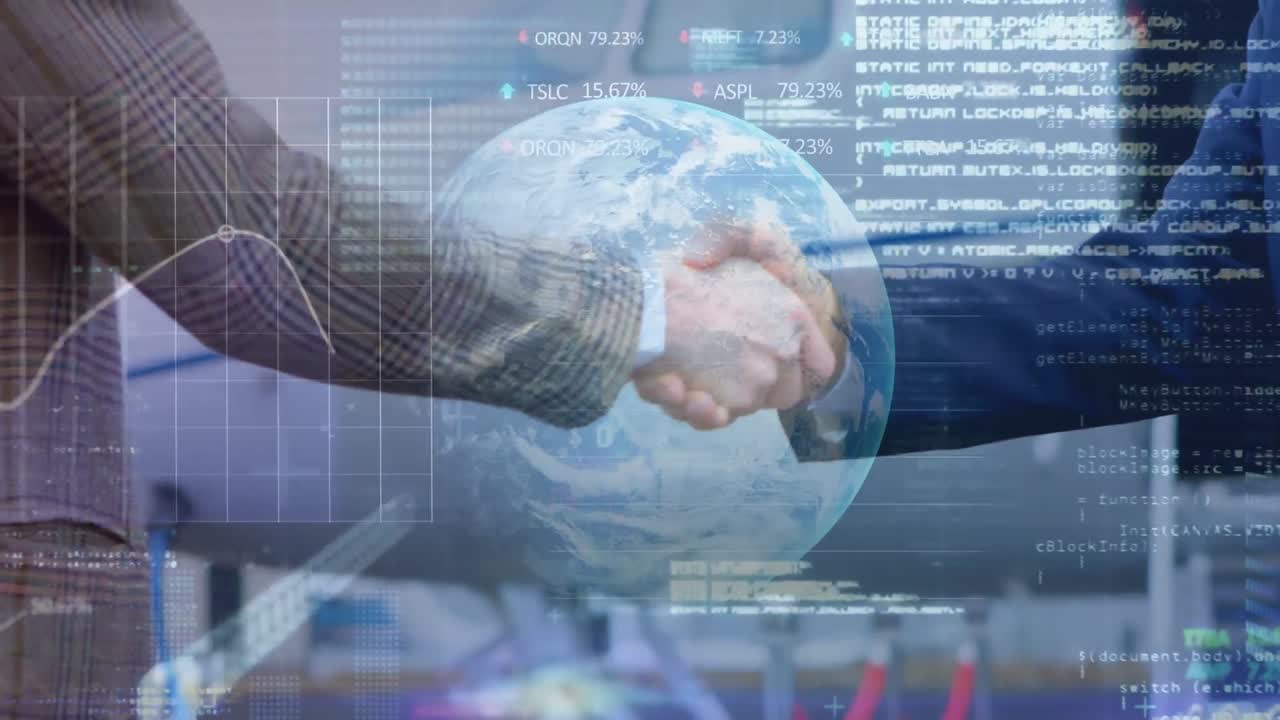 Elaborazione dati di borsa su sfondo di due uomini d'affari a mezzo busto che si stringono la mano all'aeroporto