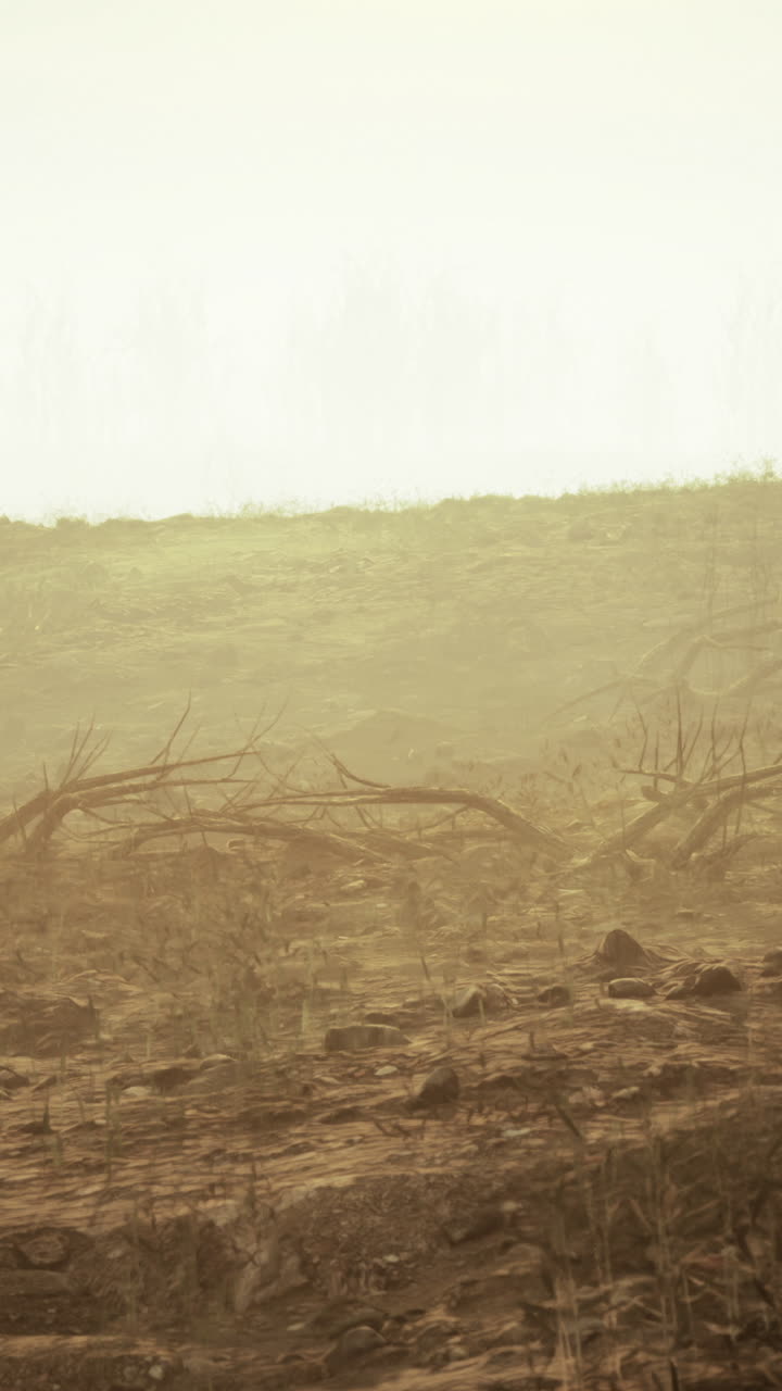 Smoke fills the air over a burnt landscape after a wildfire in dry season
