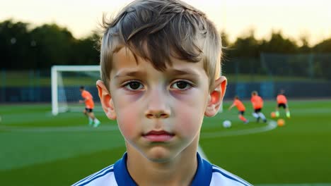 young boy soccer player looking determined on the field