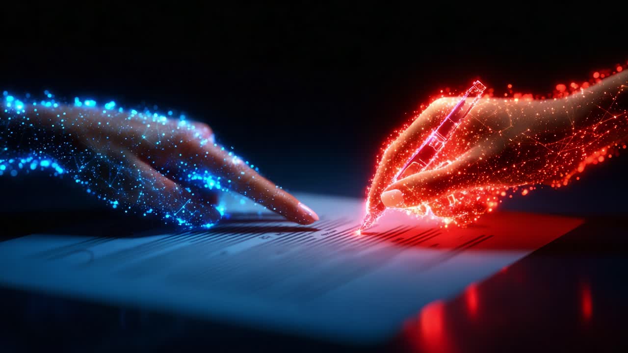 Dynamic Digital Collaboration: Two Hands Engaged in a Creative Agreement, Merging Blue and Red Energy Trails Above a Document Illustrating Unity in Diverse Perspectives