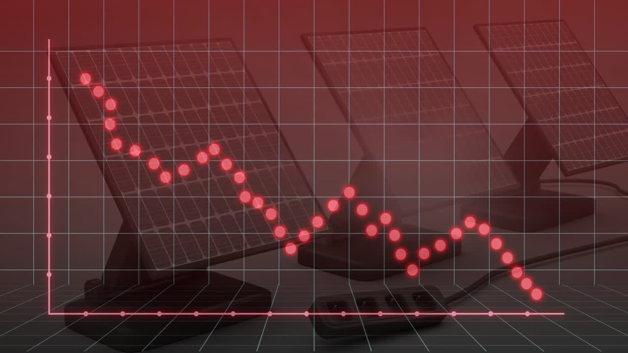 Declining stock market graph animation over solar panels in background
