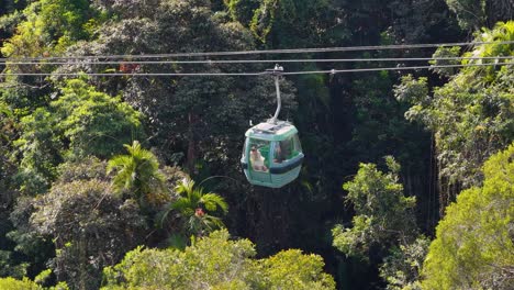 aerial view of a cable car gliding over dense rainforest, showcasing vibrant greenery and serene movement