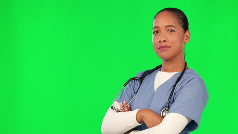 Nurse,-woman-pointing-and-green-screen