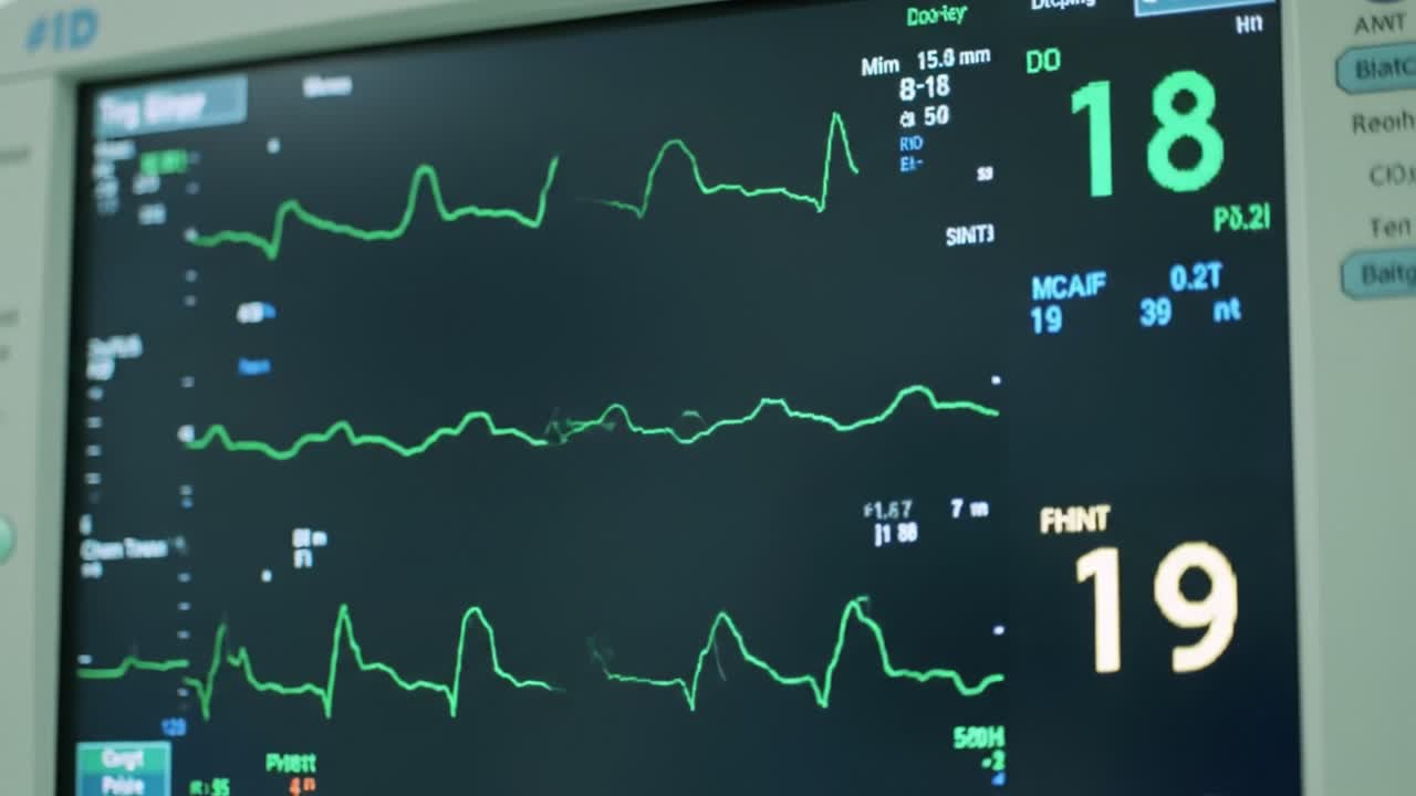 Heart rate information displayed on a monitor in a hospital. Vital signs are being monitored closely in a critical care setting. The atmosphere is tense yet focused on patient wellbeing.