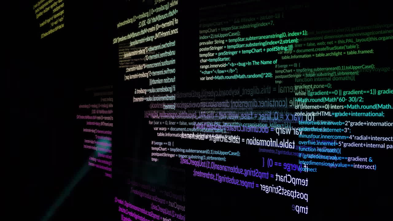 Programming code animation on dark screen, highlighting software development concepts