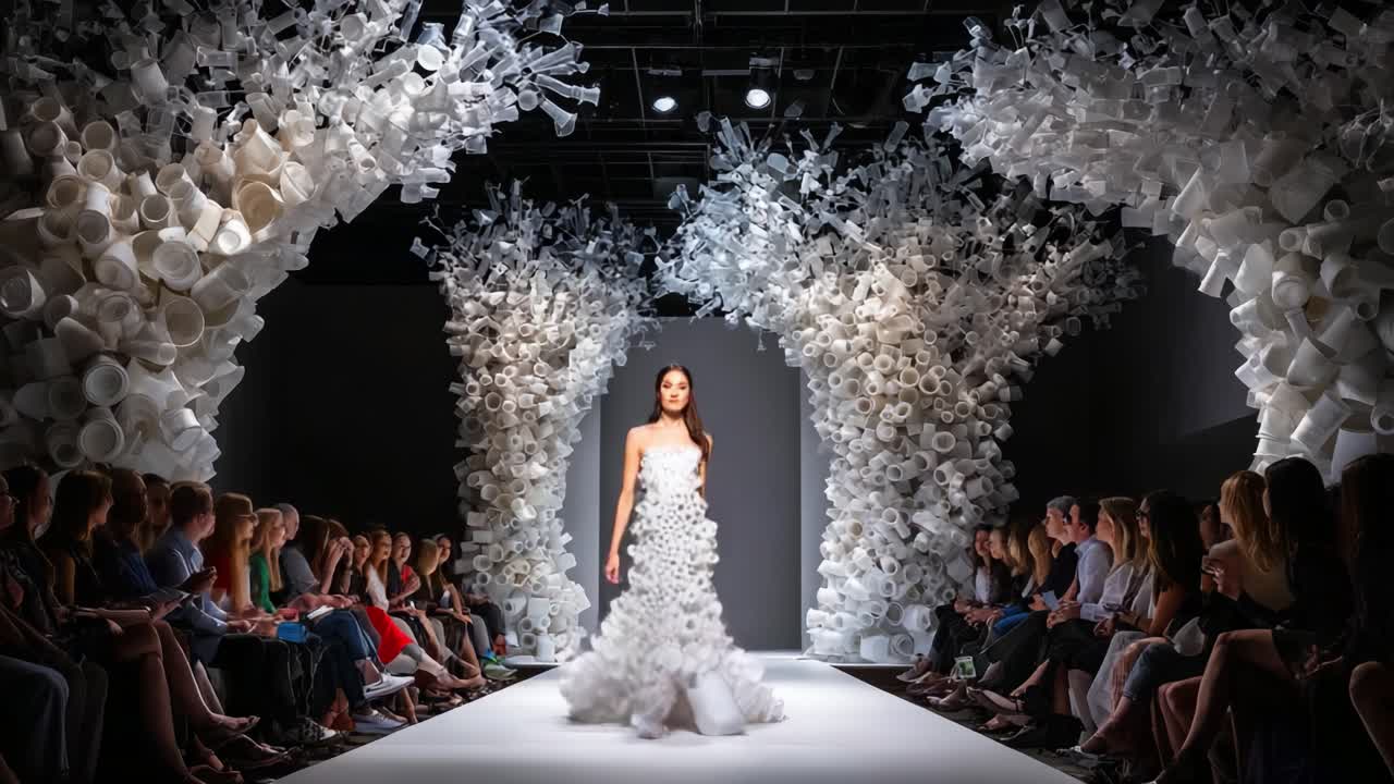 A Captivating Fashion Show Featuring an Elegant Model in a Stunning Dress Surrounded by Artistic White Installations, Showcasing Creativity in Contemporary Design