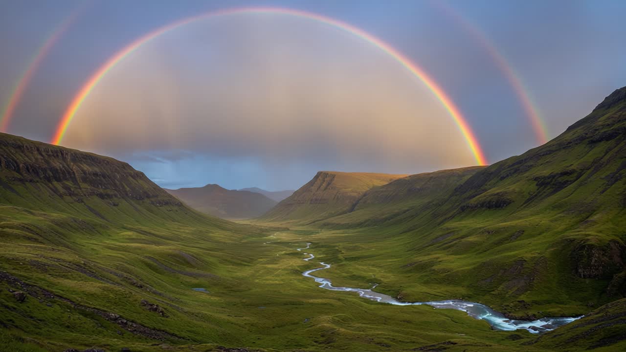 Breathtaking Double Rainbow Over Lush Valley with Flowing River and Majestic Mountains Under a Soft Cloudy Sky