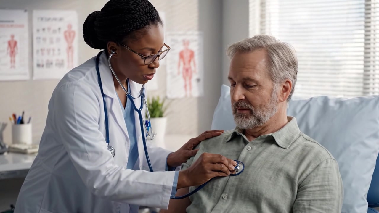 A compassionate healthcare professional engages with an older patient in a bright, clinical setting, fostering trust and understanding during their medical consultation.