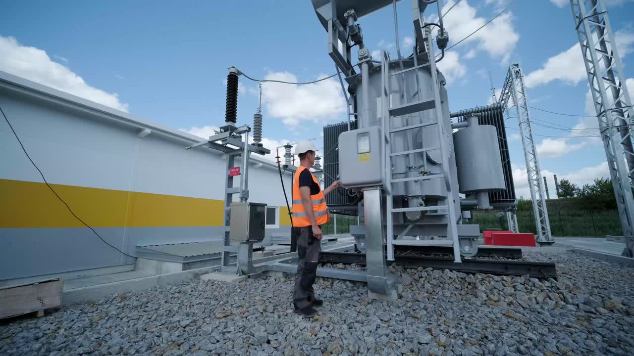 Electrical engineers inspect the electrical systems at the equipment control cabinetю High voltage transformer against the blue sky. Electric current redistribution substation