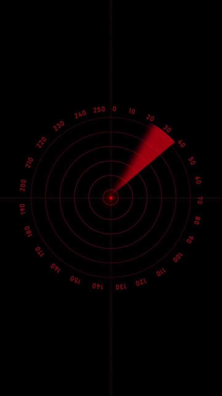Red circular radar screen scanning beam numbered range marks represents surveillance target